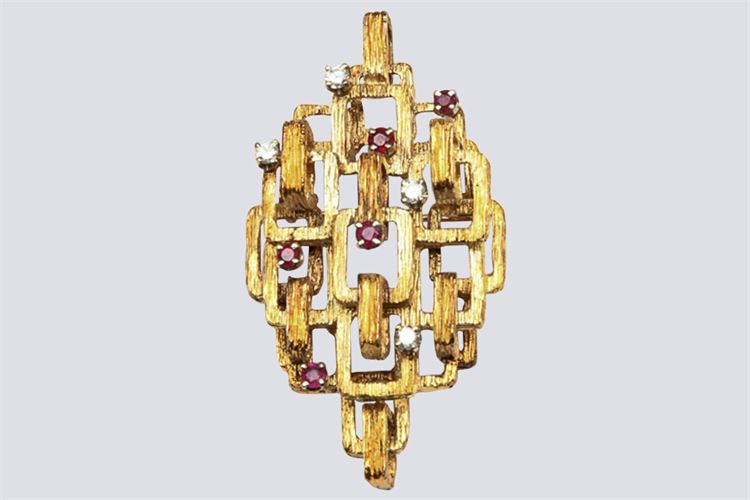 Gold, Diamond and Ruby Abstract Dress Pin.