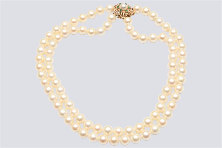 Double Strand Pearl Necklace with Gold  Stylized Floral Clasp.