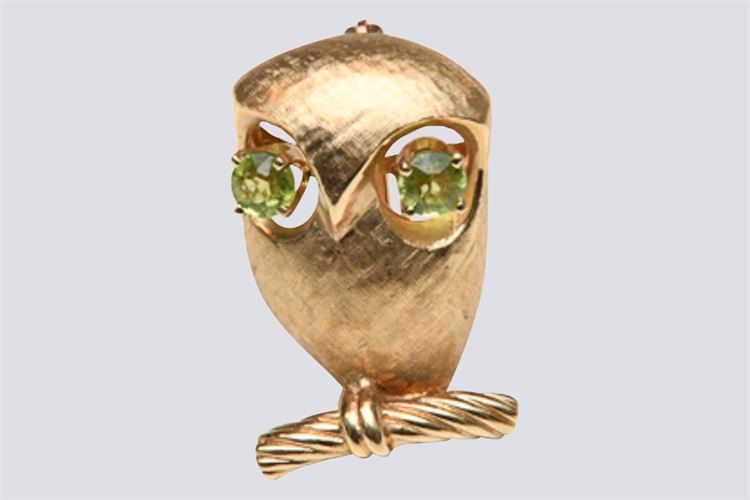 Gold and Peridot Owl Form Dress Pin