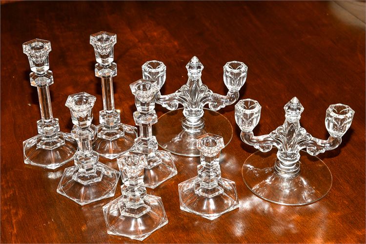 Four (4) Pairs of Glass Candelabra & Candlesticks