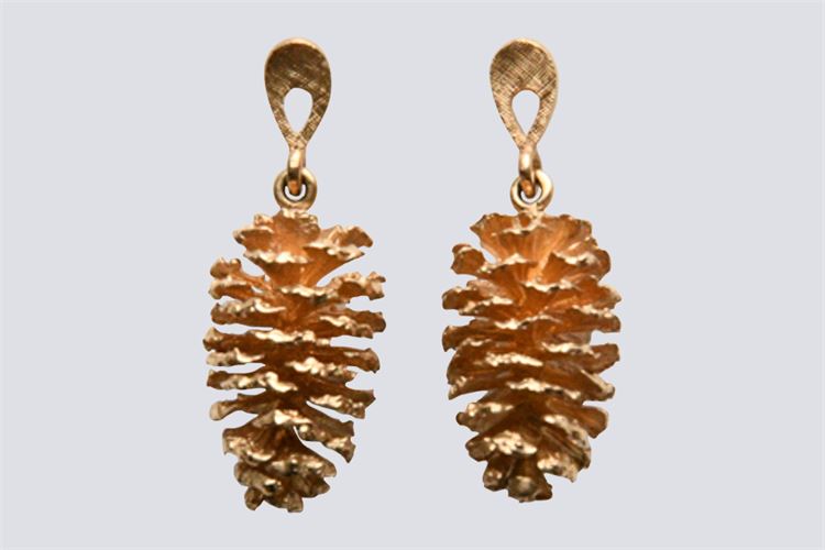 Gold Pinecone Form Pendant Earrings.