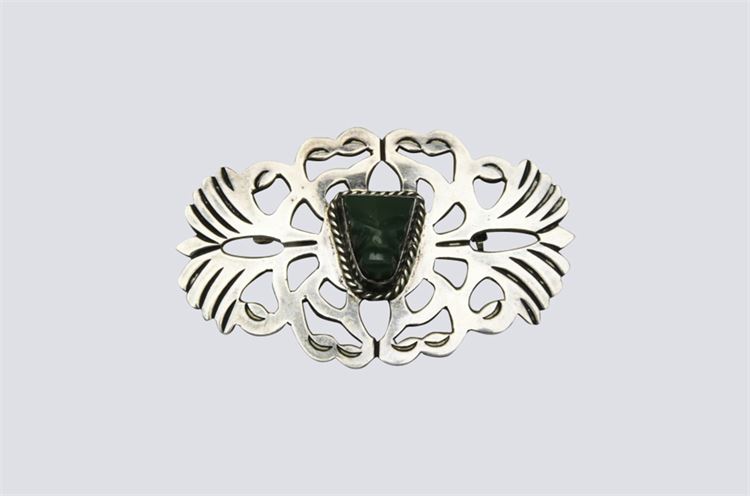 Taxco  Silver and Carved  greenstone dress pin