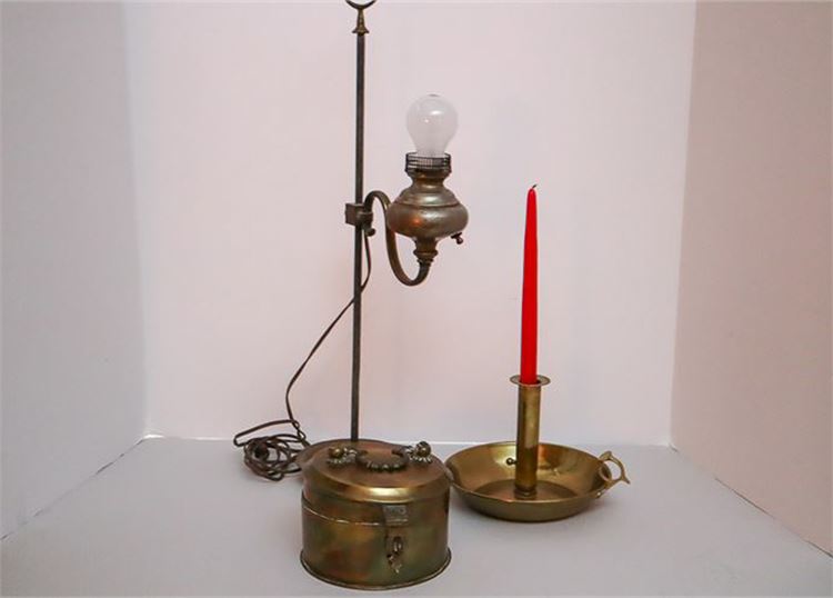 Group Lot Metalware including Student Lamp