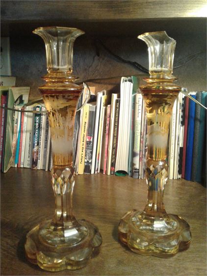 Pair Bohemian Amber Glass Candlesticks