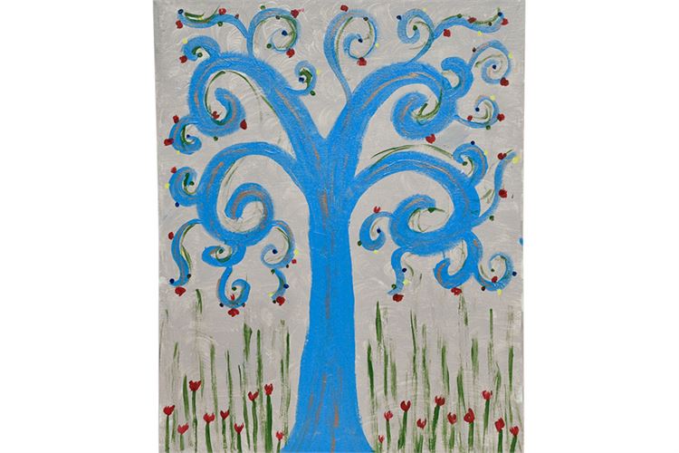 Whimsical Acrylic on Canvas of Tree with Flowers