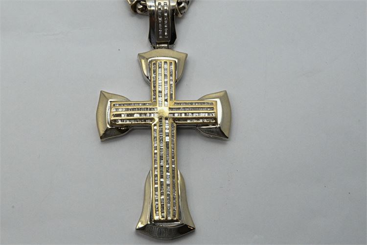 Large 14k White Gold Diamond Cross