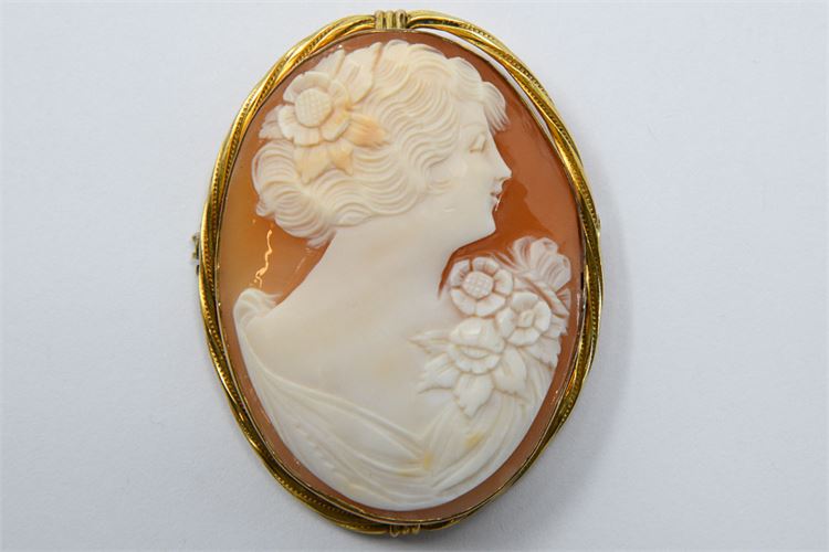 Antique 10K Yellow Gold and Shell Cameo Pin