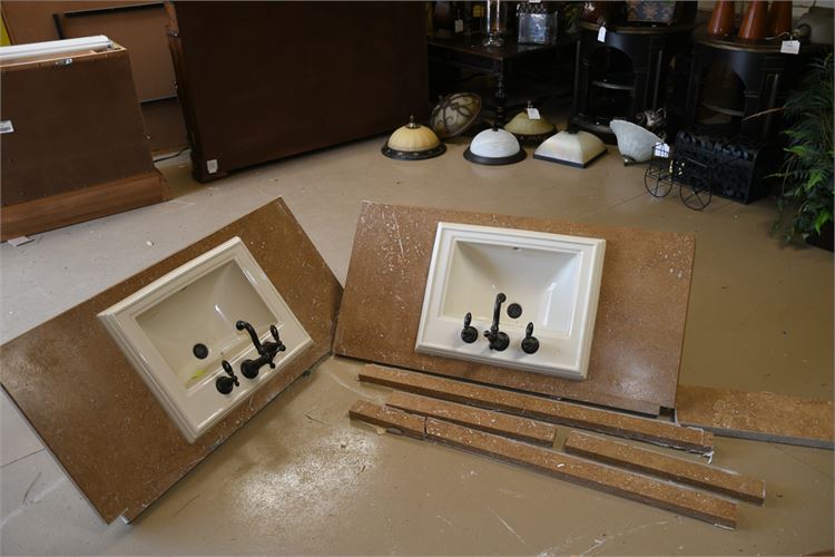 Pair of Bathroom Sinks with Limestone Counters