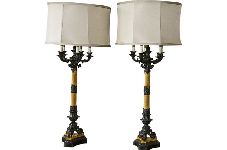 Pair French Restauration Marble & Bronze Candelabra