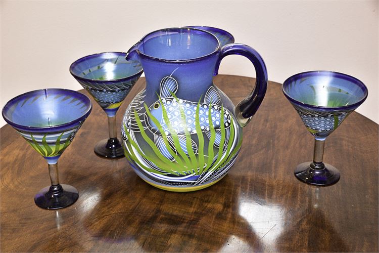 5 (Five) Piece ART GLASS Pitcher w/Glasses