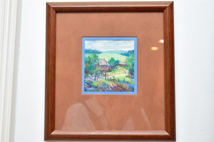 Framed Pastel on Paper Rural Farm Scene