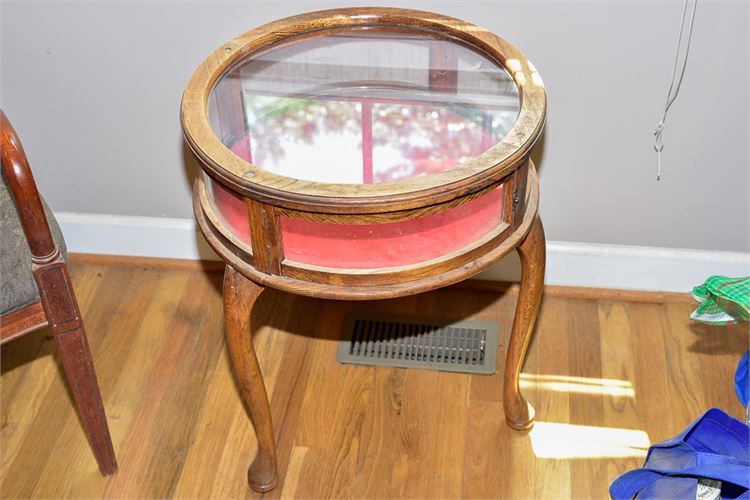 Vintage Oak Round Display Table w/Glass Top-Sides