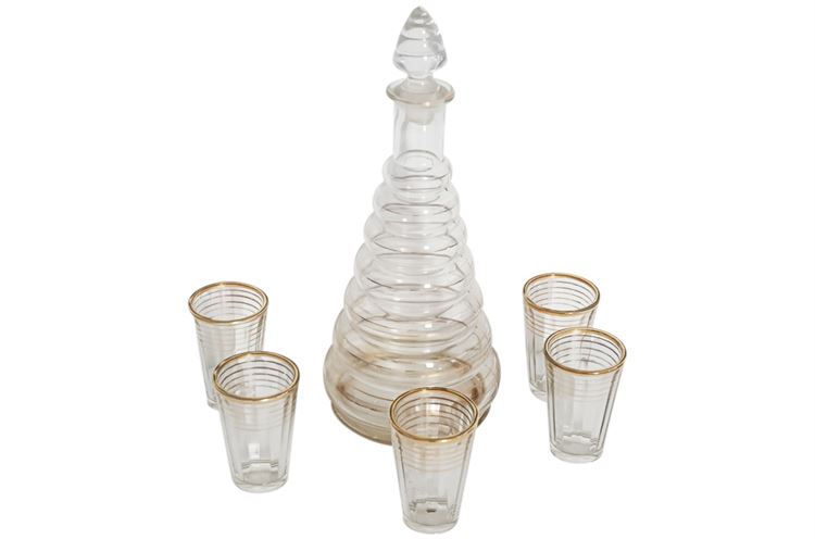 Mid-Century Glass Decanter Set w/ 5 Glasses