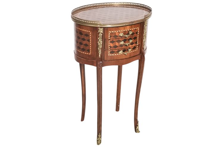 French Style Oval Stand w/Drawers & Marquetry Inlay