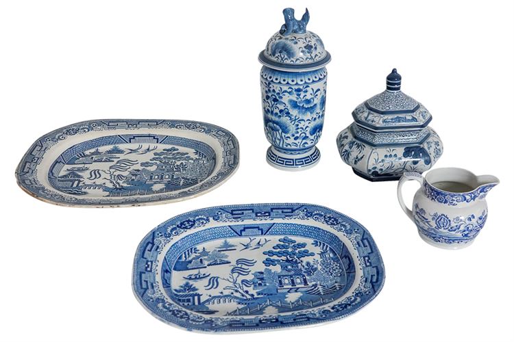 Lot (Five) 5 Vintage Blue & White Chinese Serving Pieces