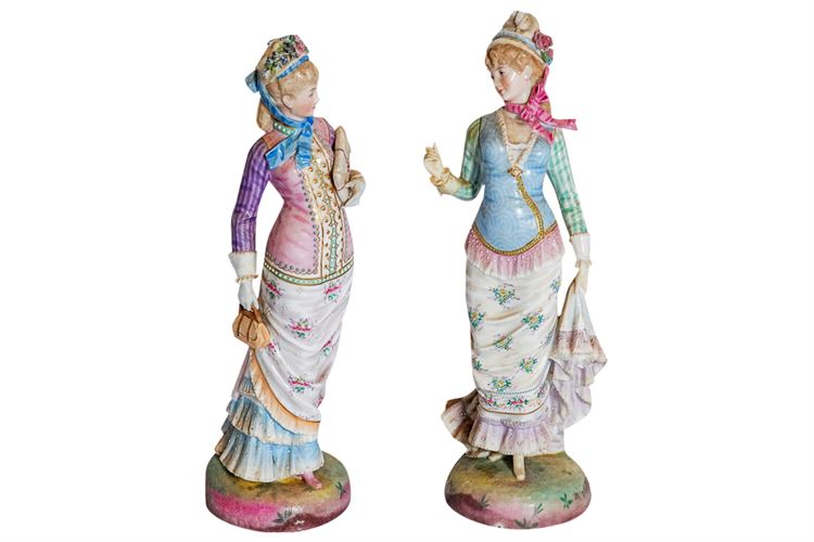 Pair Bisque Victorian Women Statues