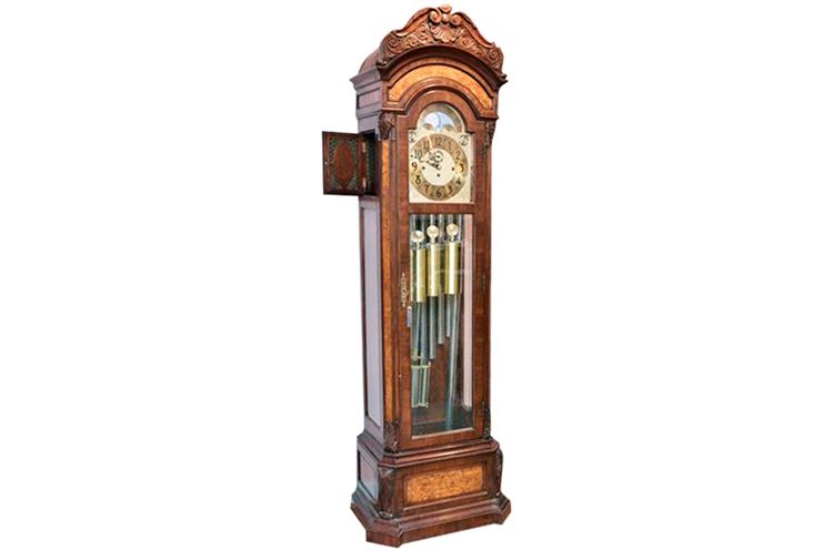 Large HERSCHEDE USA Carved Wood Grandfather Clock