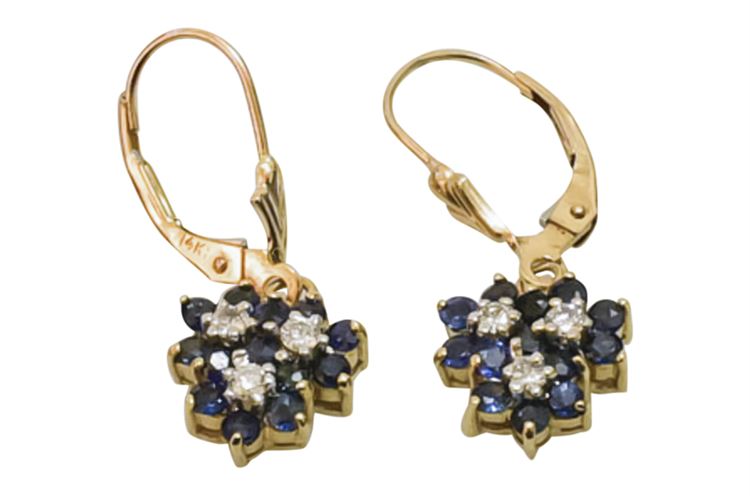 Pair Women's 14K Gold Diamond & Sapphire Earrings