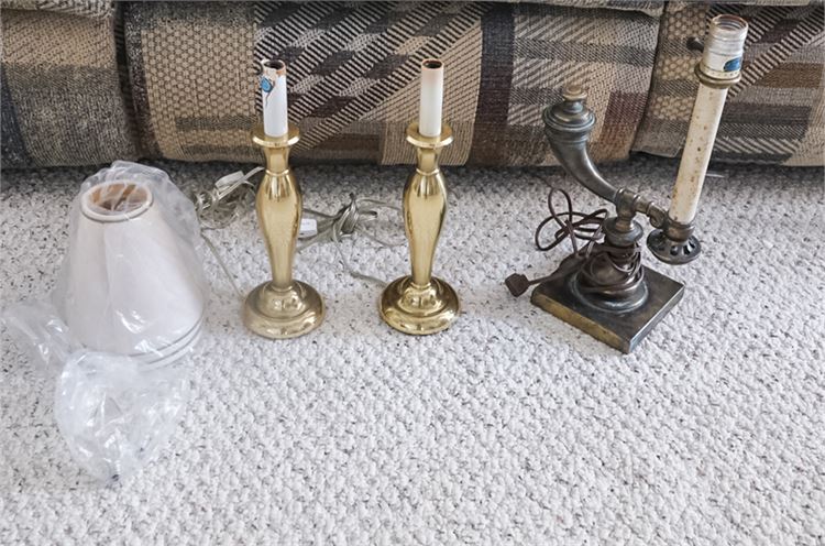 Pair of Brass Candlestick Lamps, Plus Accent Lamp