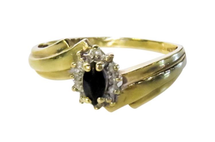 Contemporary Style Women's 14K Gold Ring w/Diamonds & Sapphire