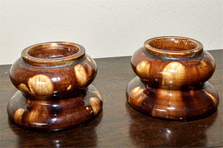 Pair of Antique Brown Drip Glaze Ceramic Candle Holders