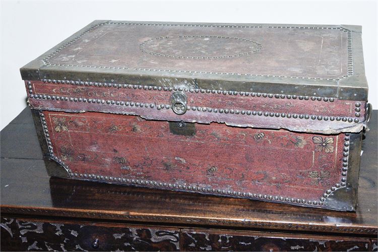 Antique English Leather Covered Travel Trunk