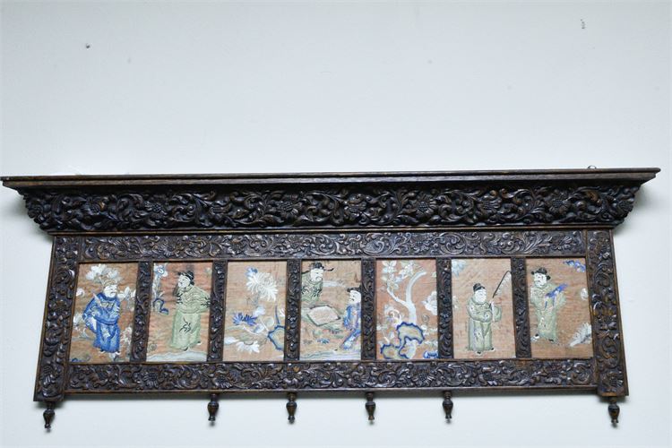 Antique Carved Oak Wall Shelf w/Chinese Silk Embroidered Panels