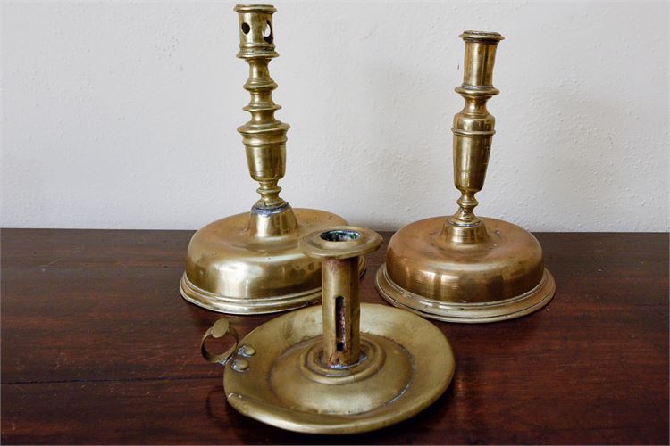 Three (3) Antique Brass Candlestick's w/Turned Design