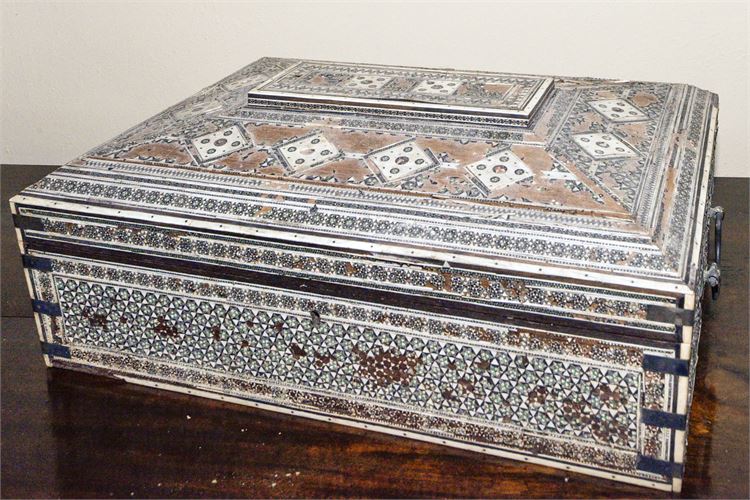 Vintage Middle Eastern Carved Wooden Jewelry Box w/Ivory Inlays and Decoration