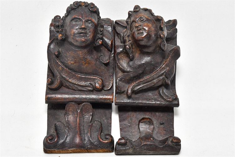 Pair Antique Carved Oak Figurines