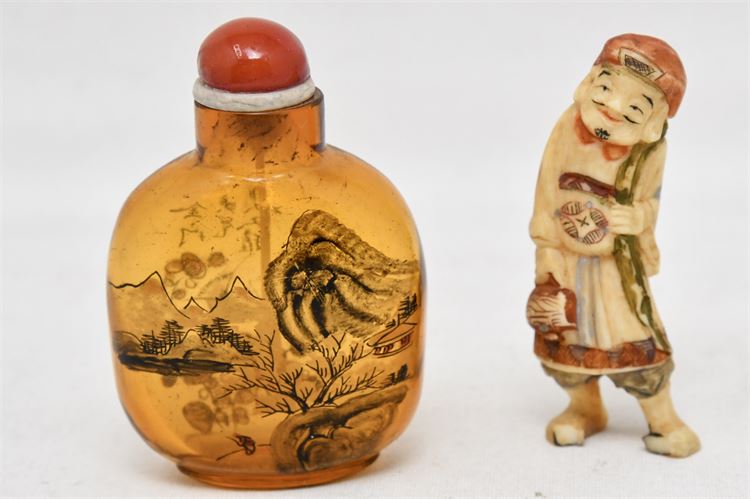 Internally Decorated Asian Snuff Bottle w/Carved Ivory Figure