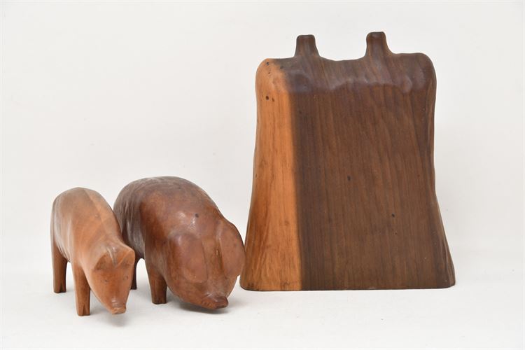 Vintage Hand Carved Wooden Pigs & Flower Vase