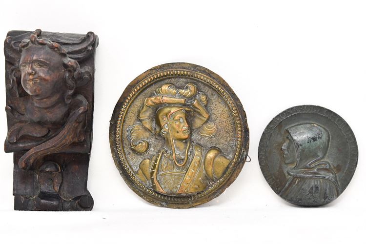 Three (3) Antique Wall Hangings w/Carved Wood Cherub & Plaques