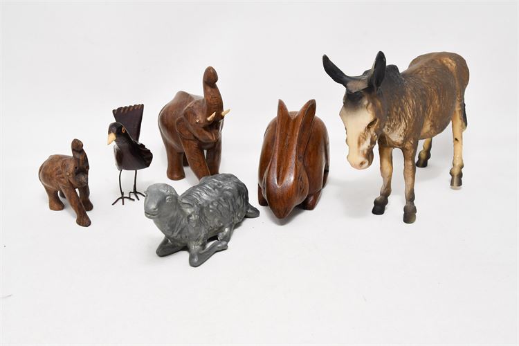 Group Lot Vintage Carved Wood & Metal Animal Figurines