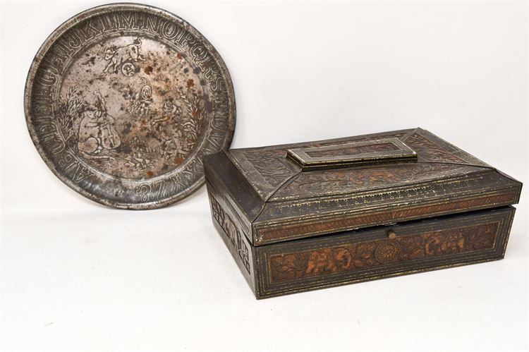 Antique Tin Biscuit Box & Children's Alphabet Plate