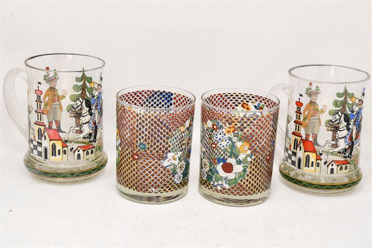 Set of Four (4) Antique Enamel Decorated Drinking Glasses