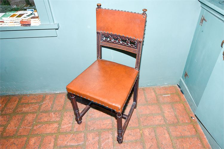 Vintage Gothic Style Oak Side Chair w/Leather Seat