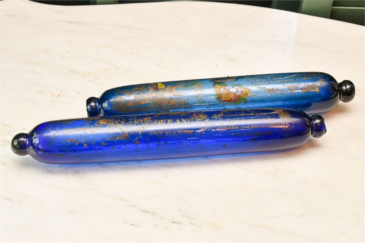 Pair Cobalt Blue Antique Victorian Glass Rolling Pins