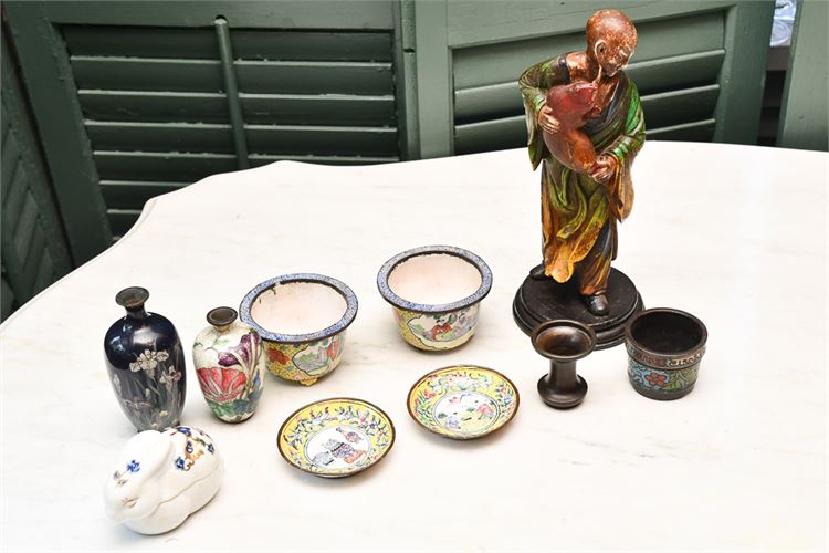 Collection Vintage Chinese Cloisonne & Enamel Objects w/Carved Wooden Figure