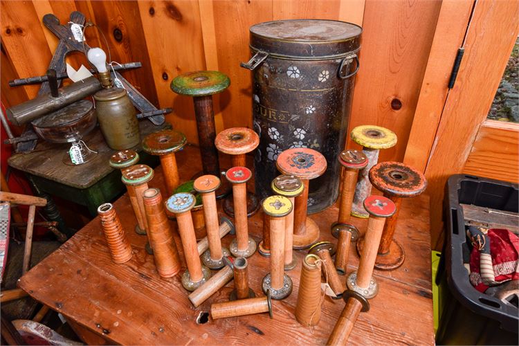 Vintage Wooden Mill Spindles & Large Antique Flour Tin