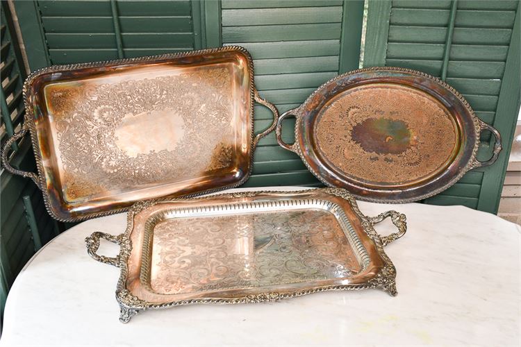 Three (3) Vintage Silver Plated Serving Trays w/Handles