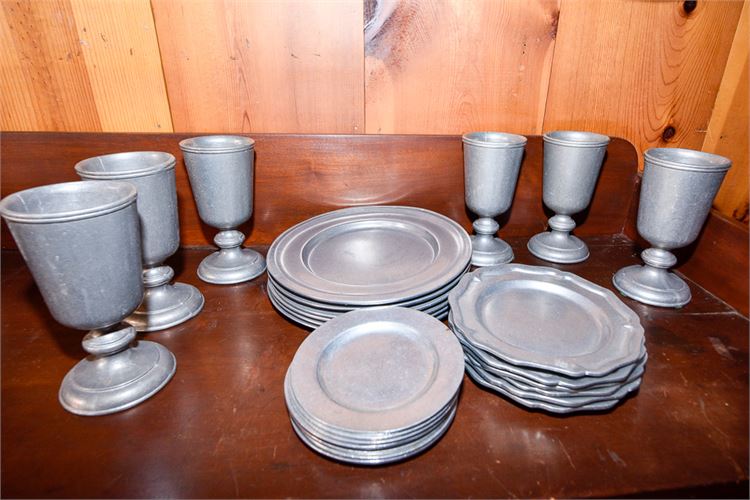 Vintage Aluminium Pewter Toned Dinner Plates & Goblets