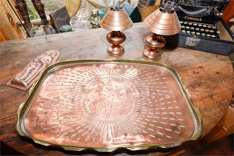 Vintage Copper Serving Tray w/Indian Mold & Pair Lamps