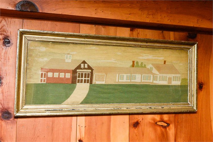 Vintage Framed Folk Art Needlepoint Country House