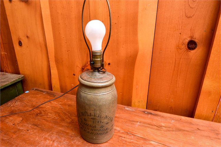 Fine Antique Pottery Crock w/Advertising Fitted with Lamp upper Structure