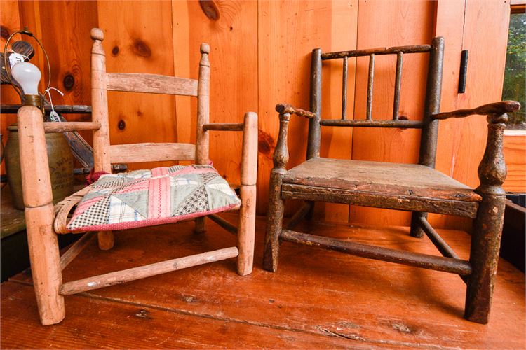 Two (2) Primitive Antique Wooden Children's Armchair's