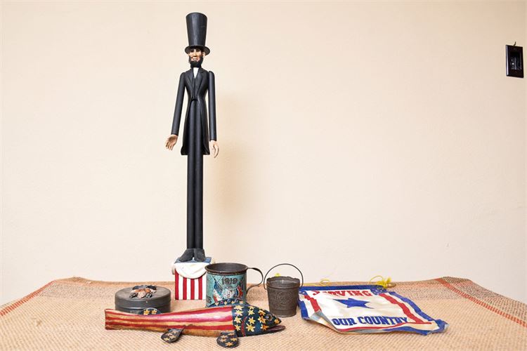 Folk Art Hand Carved Wooden Abe Lincoln Statute w/Carved Wooden Objects