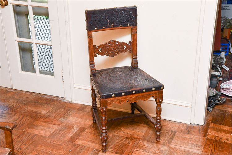 Single Antique "Spanish" Style Oak Side Chair w/Leather Seat