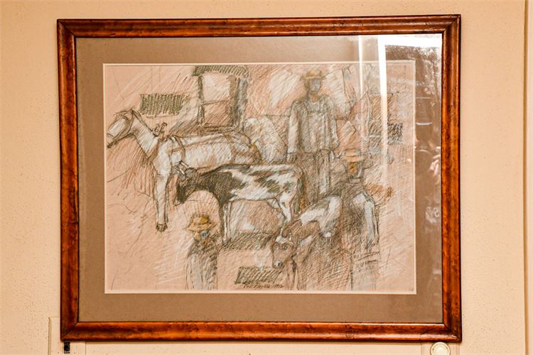 Framed Vintage Charcoal & Pastle Post Modern Artwork