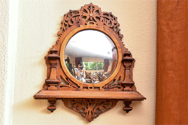 Antique Carved Wooden Wall Mirror w/Shelf